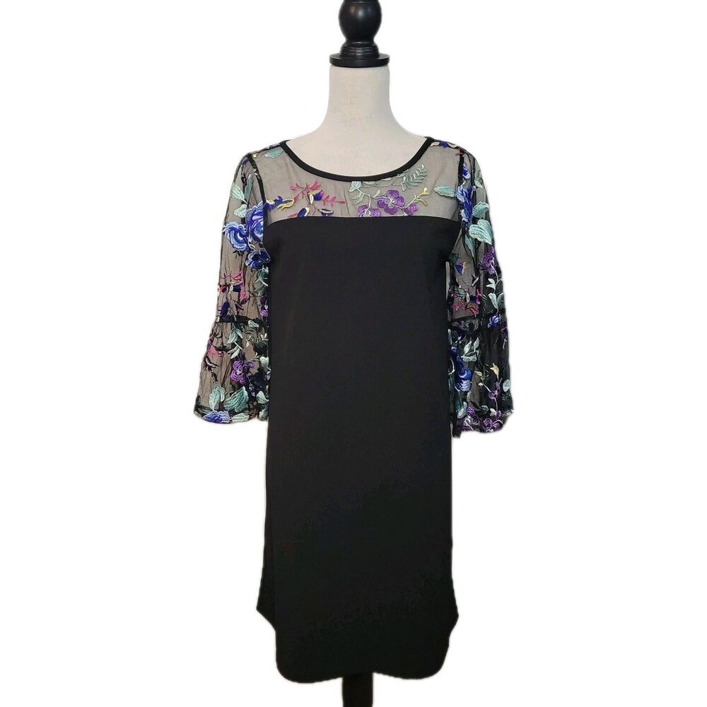Roz & Ali‎ Black Floral Embroidered Bell Sleeve Mesh Little Black Dress Size 4